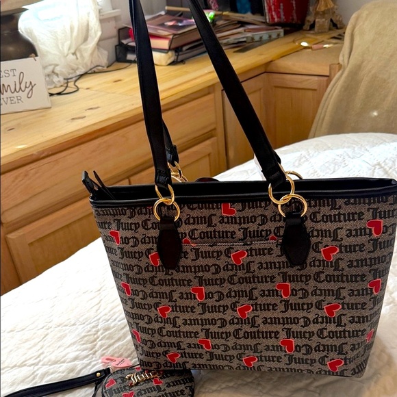 Juicy Couture Black and Red Heart Print Tote and matching wristlet set. - Picture 5 of 10